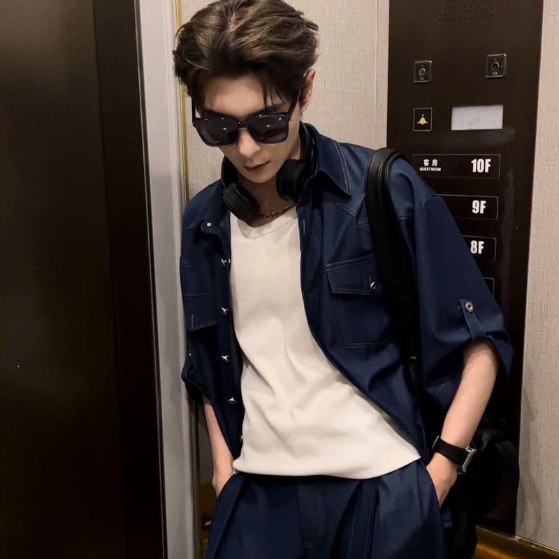 Summer Thin Denim Short Sleeve Shirt Set Men Ryder Matching Five-Point Sleeve Trousers Casual Drape Loose Two-Piece Set