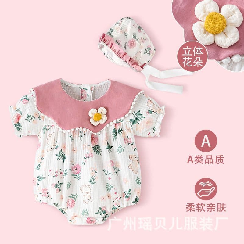 Summer Cotton Short Sleeve Loungewear Baby Floral Bodysuit Full Month 100 Days Girl Baby Onesie Cotton Two-Piece Set
