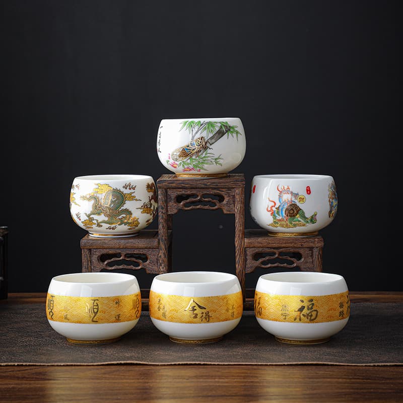Mutton Fat Jade Ceramic Kung Fu Tea Set Large Master Cup Tea Bowl Personal Cup Gold Painted Tea Cup Business Gift