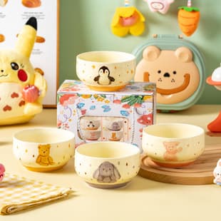 Gift Box Rice Bowl Set of 4 Mixed Ceramic Under-glaze Color Craft Creative Cute Home Plate High Appearance Cute