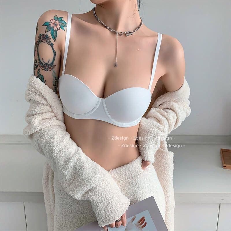 Half Cup Glossy Seamless Sexy Deep V Push Up Bra Lifts and Gathers Side Boobs Adjustable Shapewear Bra for Small Bust Makes Chest Look Fuller