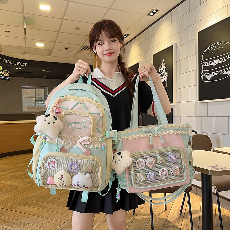 New Stylish School Bag for Girls, Contrast Color College Style Backpack for Middle and High School Students, Ballet-Inspired Pleated Lace Ita Bag