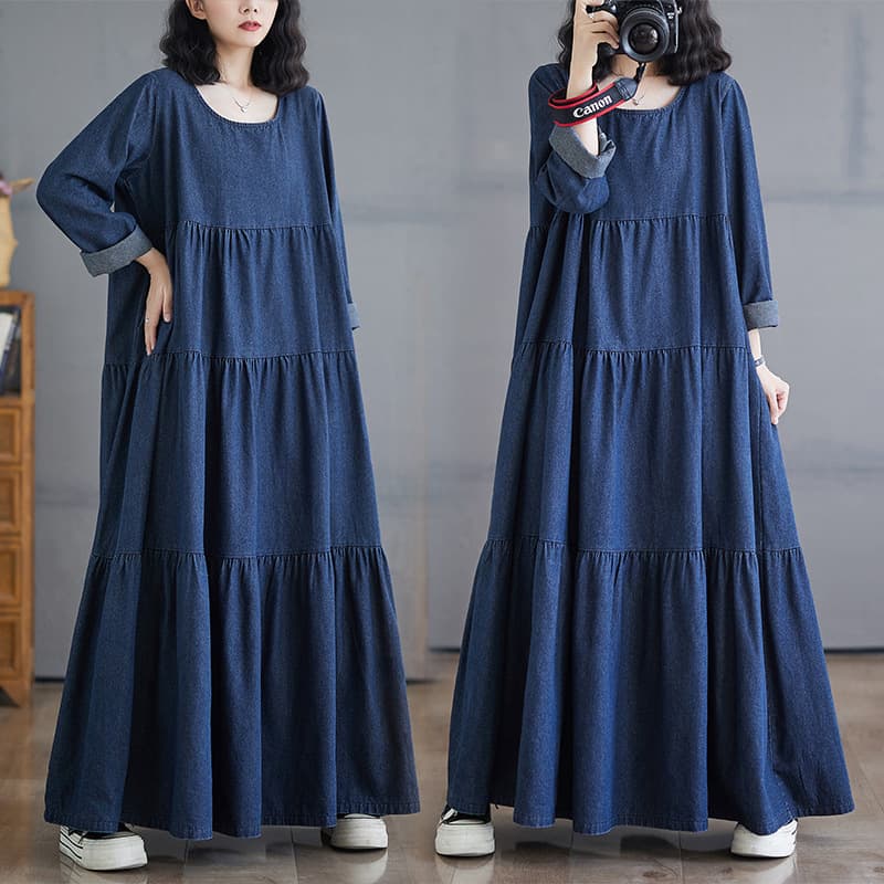 Tall Women's Denim Dress Spring Autumn Vintage French Style Long Skirt Loose Long Sleeve A-Line Tiered Dress