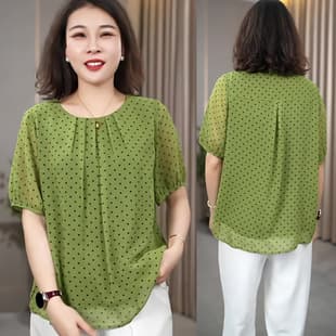 2026 Summer New Polka Dot Chiffon Blouse Women Loose Slimming Mother's Top Short Sleeve Fashionable Versatile Shirt