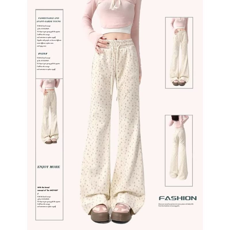 American Style Minimalist Floral Flared Pants for Women, New Summer Fit, Slim, Relaxed, Versatile, High-Waist Drawstring Fashion Casual Long Pants