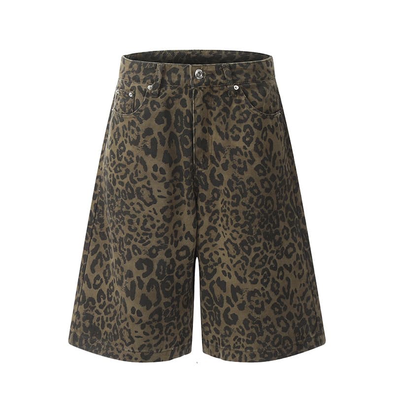 hiphop Leopard Denim Cropped Shorts for Men and Women Retro Niche Design Straight Loose Wide Leg Workwear Cropped Pants