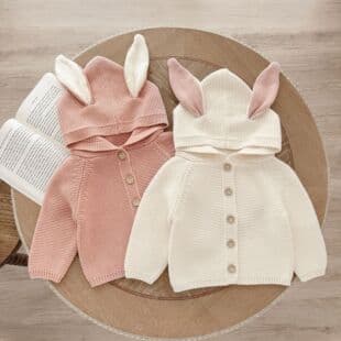 Bunny Ear Kids Sweater New Cotton Hooded Top for Girls Solid Color Baby Cardigan Cute Coat