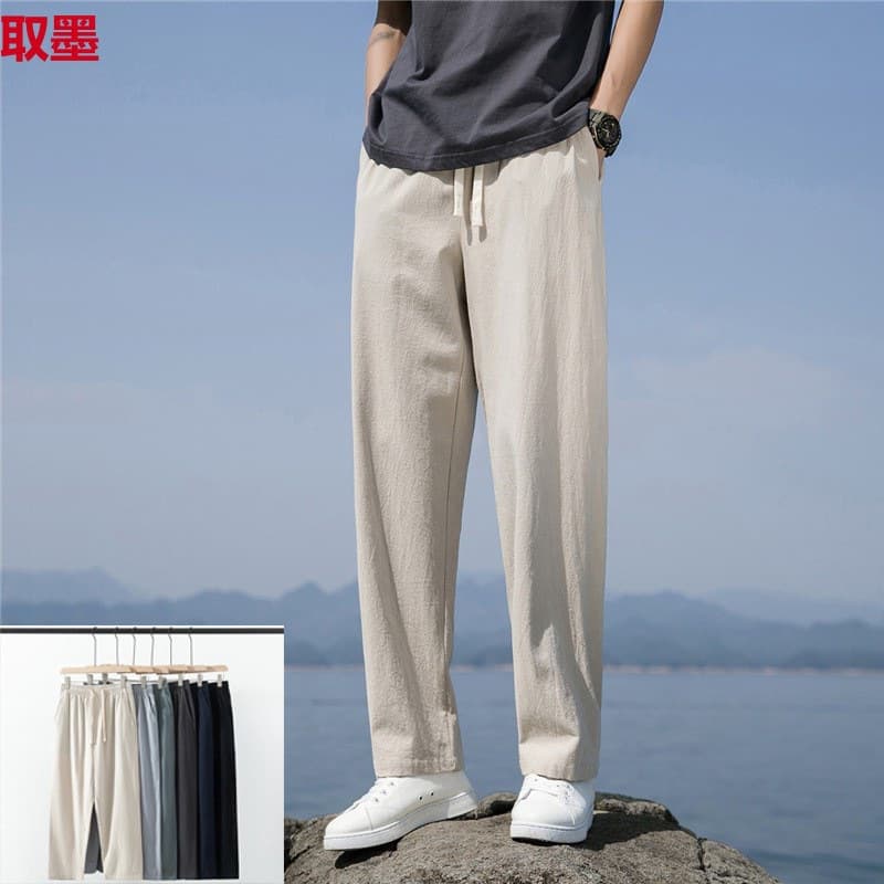 Men's Cotton Linen Straight Leg Casual Loose Fit Spring Autumn Thin Large Size Nine Point Pants Breathable Comfortable Trousers