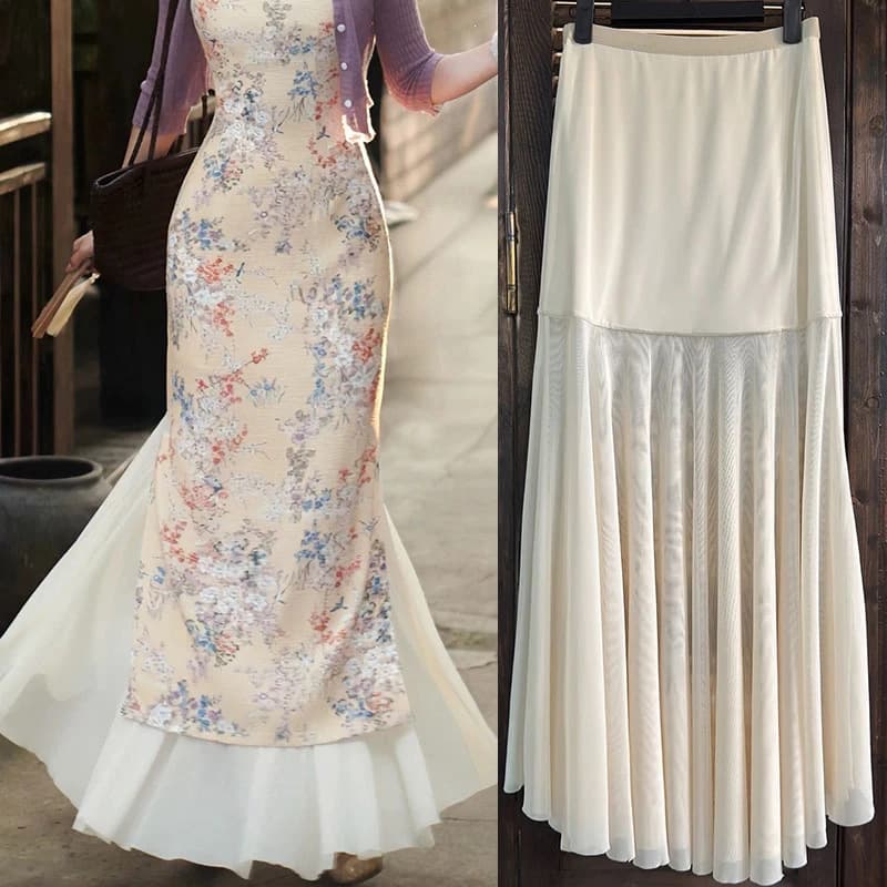 Cheongsam Companion Flowing Layering Mesh Fishtail Underskirt Half Skirt for Women Spring Summer Long Slip Dress