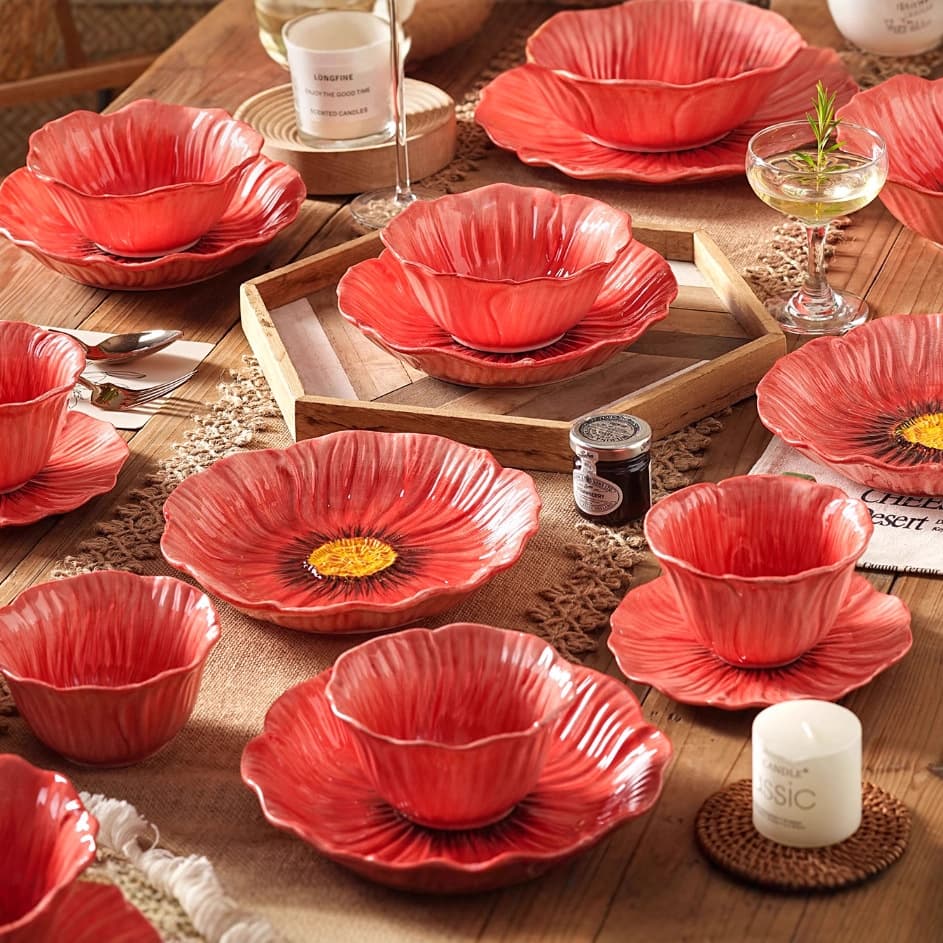 Red Poppy High-Aesthetic Dinnerware Set Floral Home Plates Large Soup Bowl Ceramic Bowl Dessert Western Food Plate