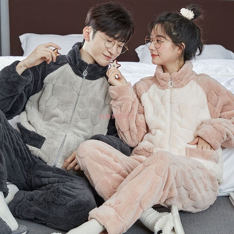 Autumn/Winter Coral Fleece Couple Pajamas for Women, Plush & Thickened Flannel Men's Homewear Set, Can Be Worn Outdoors in Winter