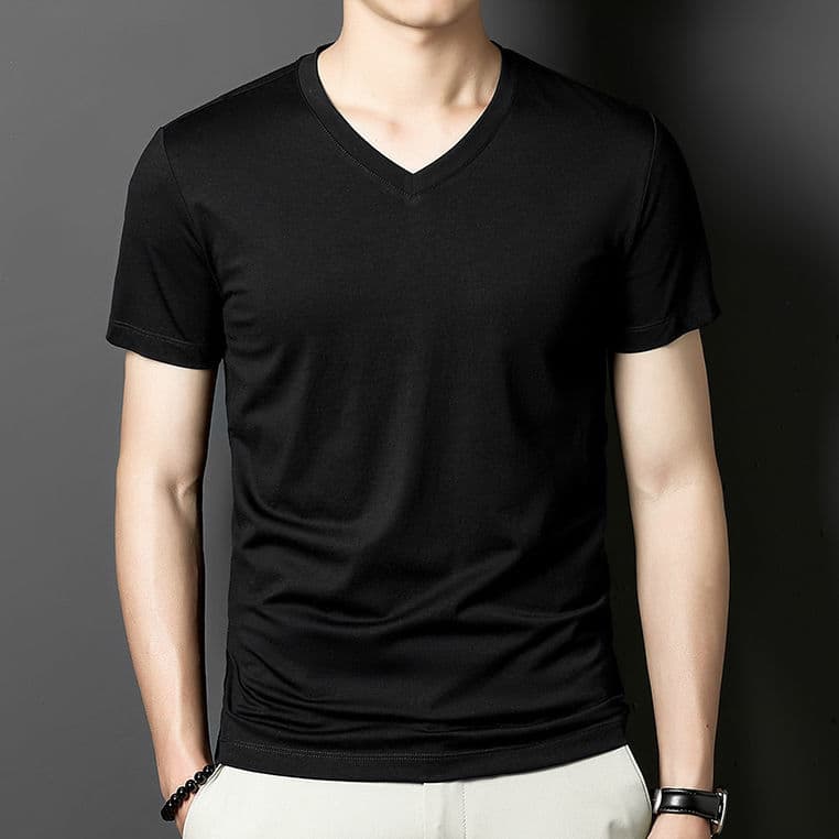Ice Silk Solid V-Neck Men's Short Sleeve T-Shirt Summer Half Sleeve Tee Stylish 2025 New Fashion Casual