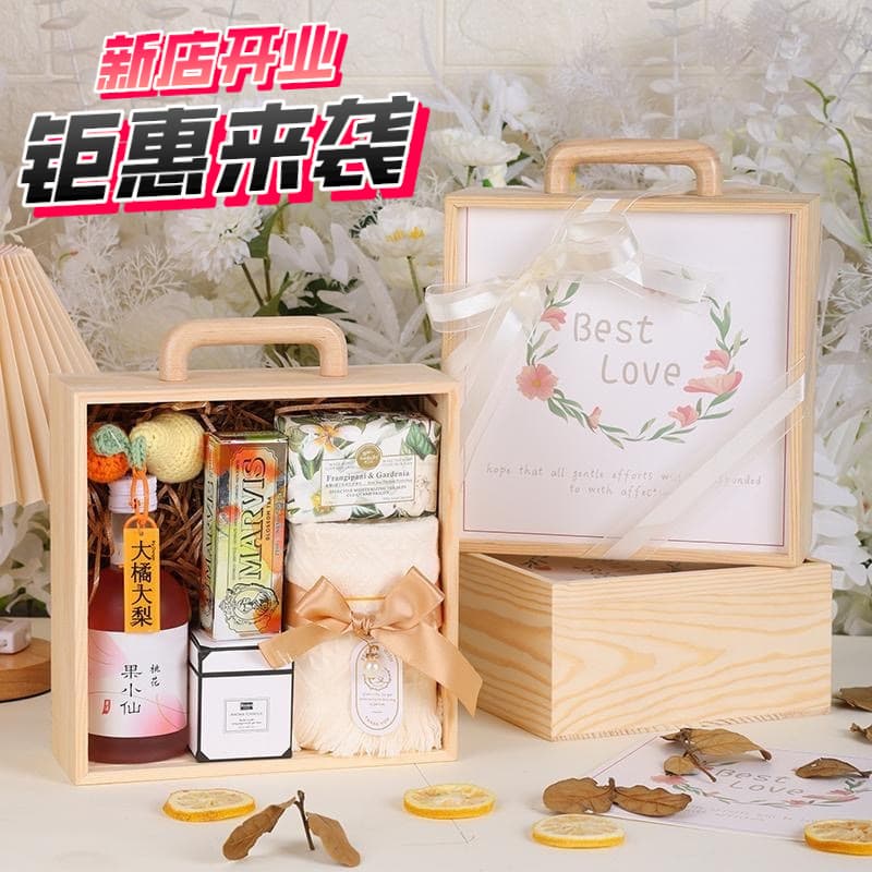 Mid-Autumn Festival wooden transparent acrylic packaging box, Qixi Festival gift box, wooden handle, solid wood wedding full moon candy box