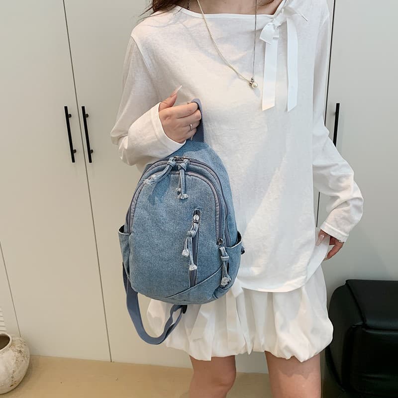 Korean-style vintage washed denim backpack, simple canvas handbag and crossbody bag, factory supply, large-capacity shoulder bag