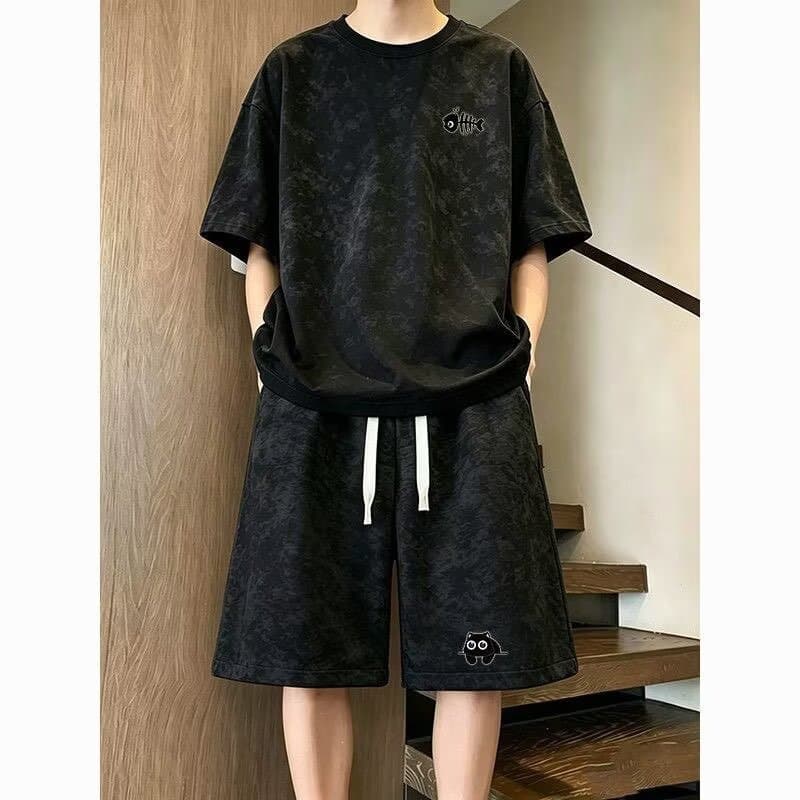 Tie-Dye Casual Sportswear Set for Men, Summer Streetwear Plus Size Outfit, Short Sleeve and Shorts Two-Piece Set