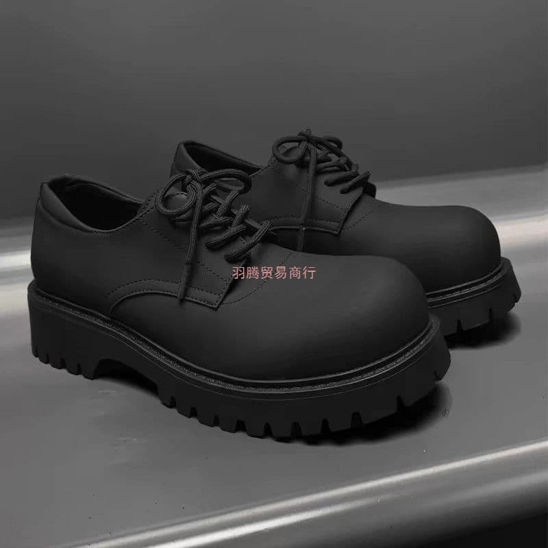 Derby Shoes Men's Black British Heightening Round Toe Matte Commuter Leather Shoes Thick Sole High-End Casual Chunky Martin