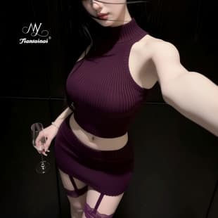 Sexy Lingerie Pure Purple Hollow Knit High Neck Sexy Bodycon Skirt Set Flirty Lingerie