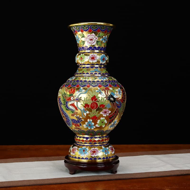 Beijing cloisonné vase ornaments craft gifts cloisonné enamel filigree silver and blue 15-inch dragon and phoenix in auspicious flower mushroom vase
