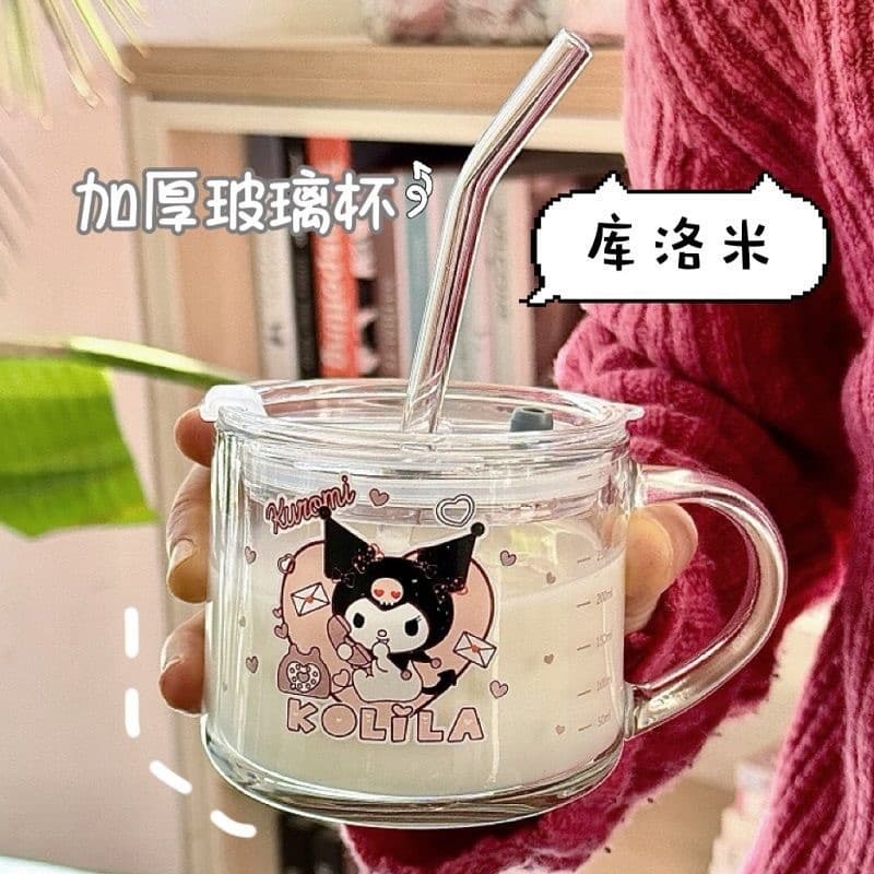 Cartoon Glass Cup Kuromi My Melody Cinnamoroll Kids Milk Cup Water Cup Student Breakfast Cup Measuring Cup