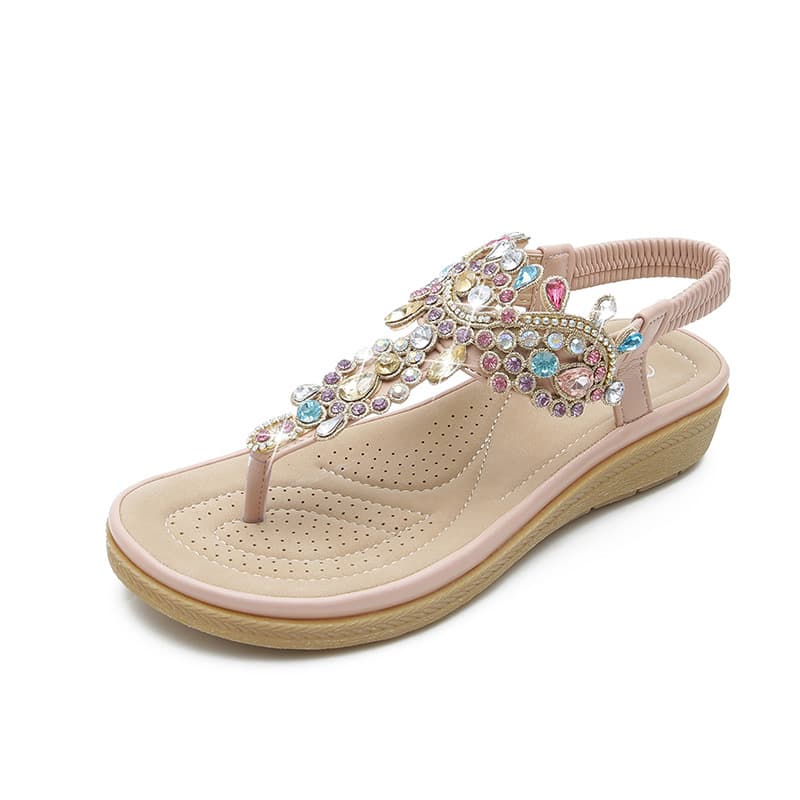2024 Summer New Bohemian Sandals Fashion Rhinestone Flat Sandals Women Amazon Export Cross-Border