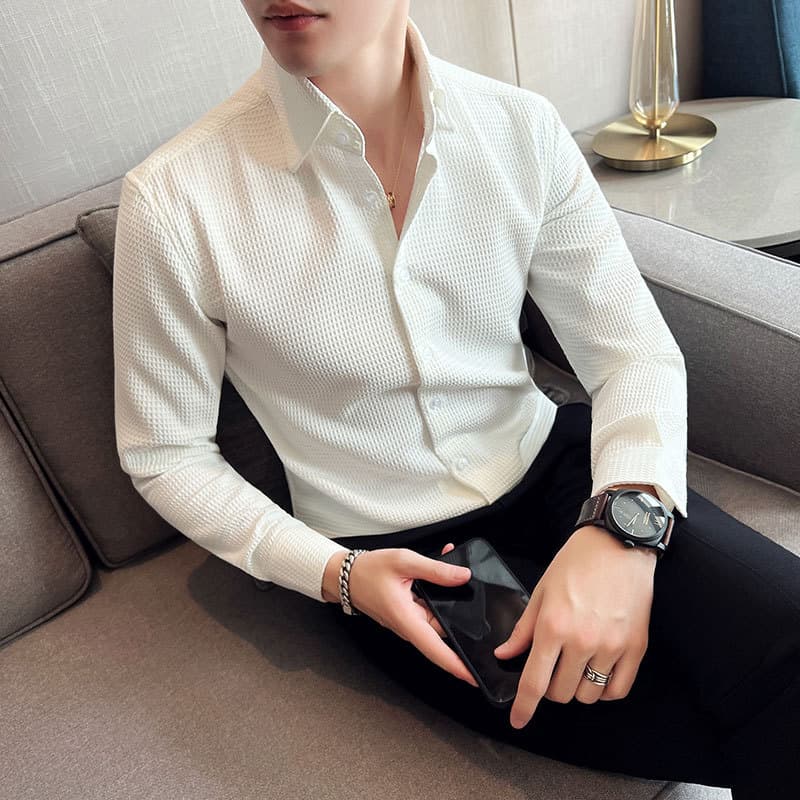 New Autumn Men's Long-Sleeve Shirt Waffle Fabric Textured Finish Trendy Casual Long-Sleeve Shirt for Men