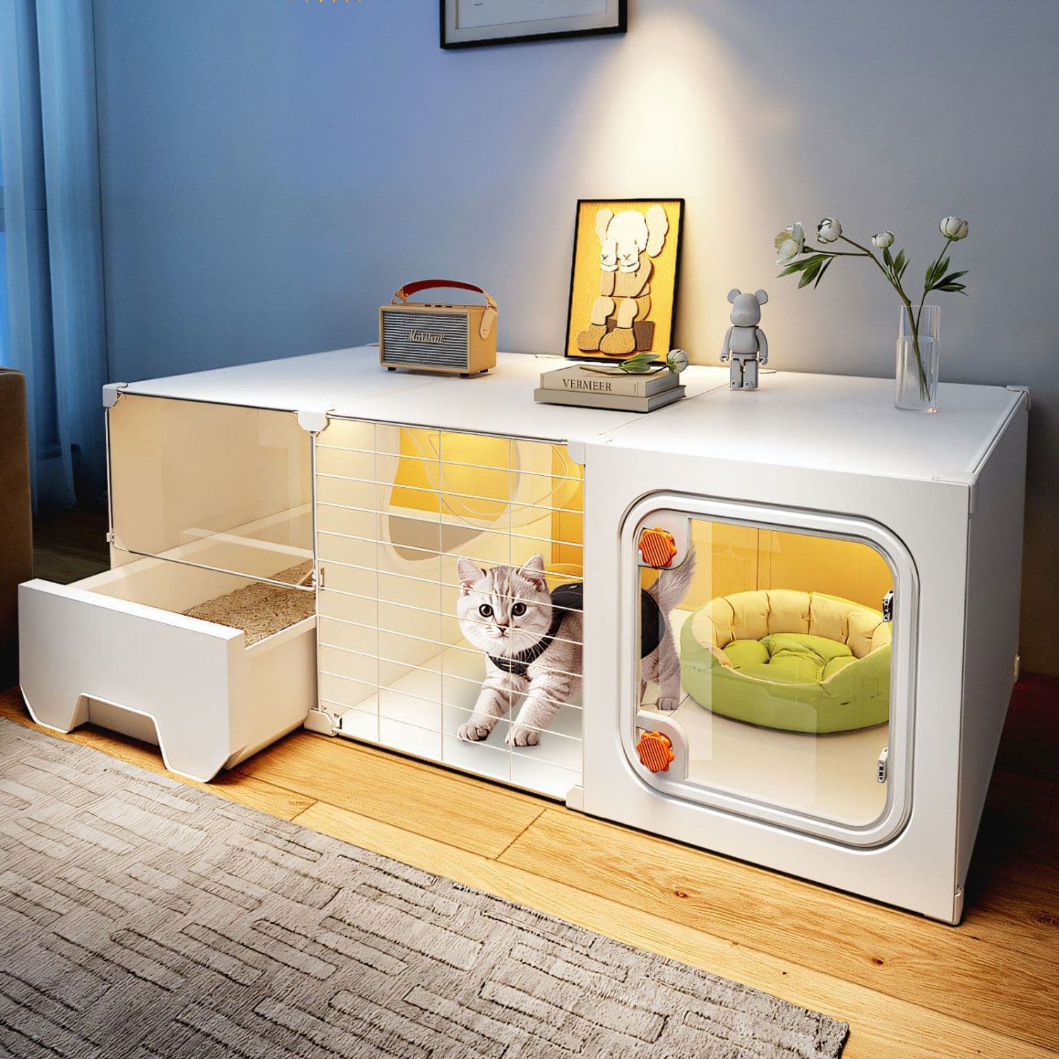 Space-Saving Cat Cage for Home Use, Small Apartment Cat Villa with One Room, One Hall, One Bathroom, Integrated Cat Litter Box