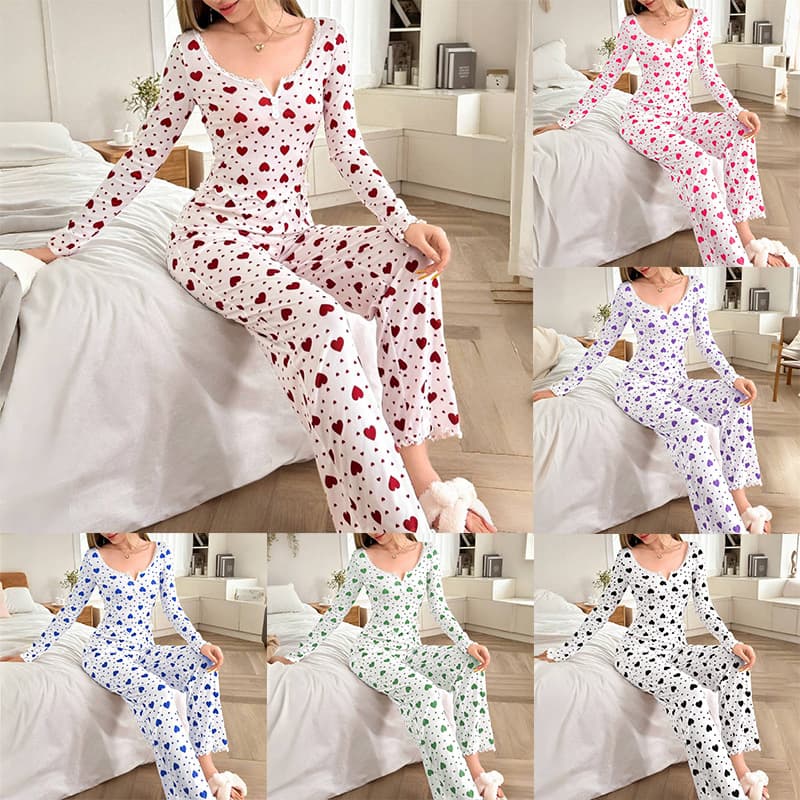 New Cross-Border Homewear Love Print Pajamas, Love Long Sleeve Long Pants Set, Wear-Out European and American Women's Pajamas