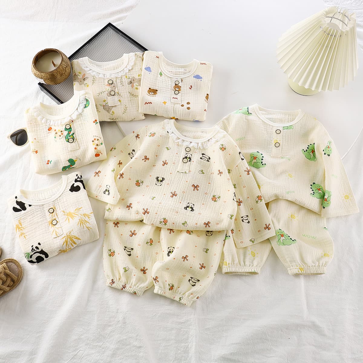 Children's Pajamas Lightweight Double-Layer Cotton Gauze Summer Round Neck Boys Air Conditioning Suit Lace Trim Girls Homewear Set