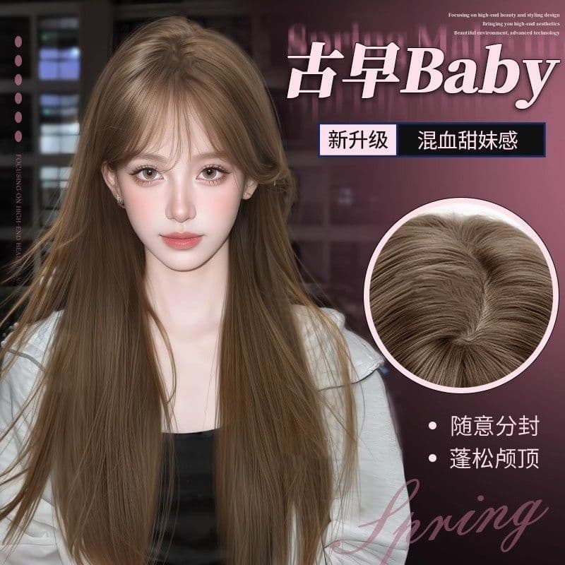 【Guzhao Baby】New Long Straight Natural Full Wig Invisible Seamless Wig Cap