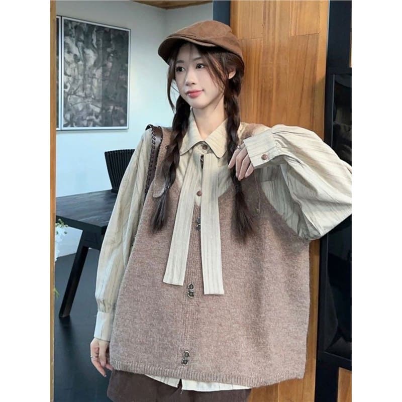 Forest Style Sweet Youthful Loose Slimming Vest Knitwear Women's Bow Tie Blouse Set