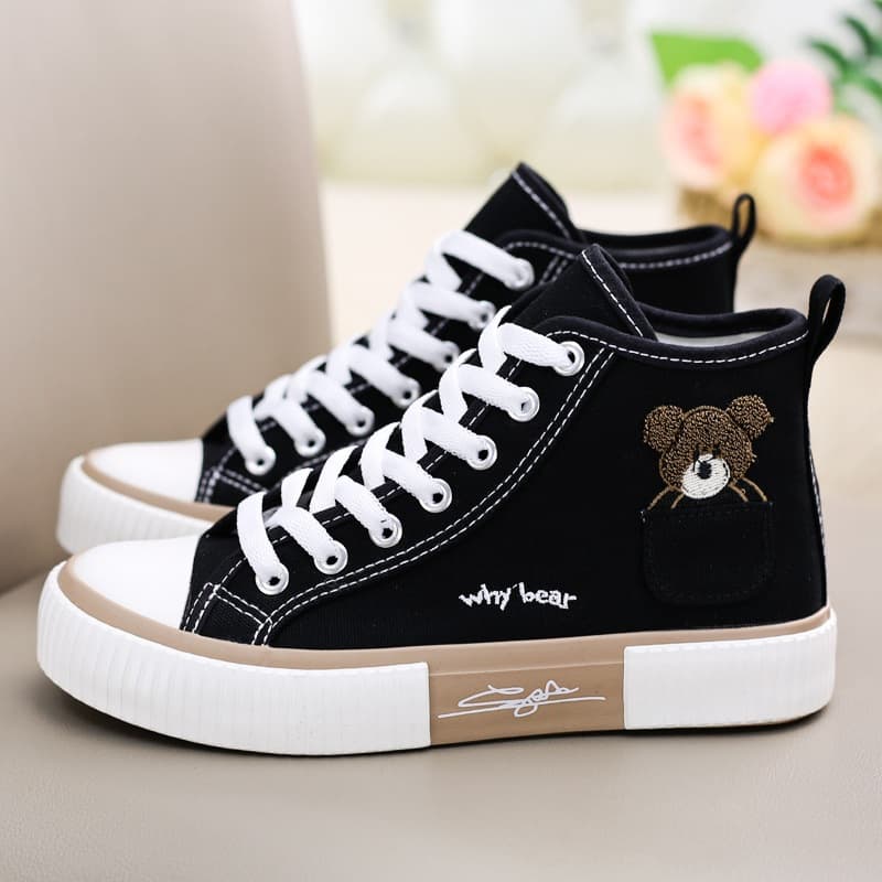 Pocket Bear High-Top Canvas Shoes for Women, Versatile Korean Style Board Shoes, Black, Cross-Border Wholesale, Large Size M10