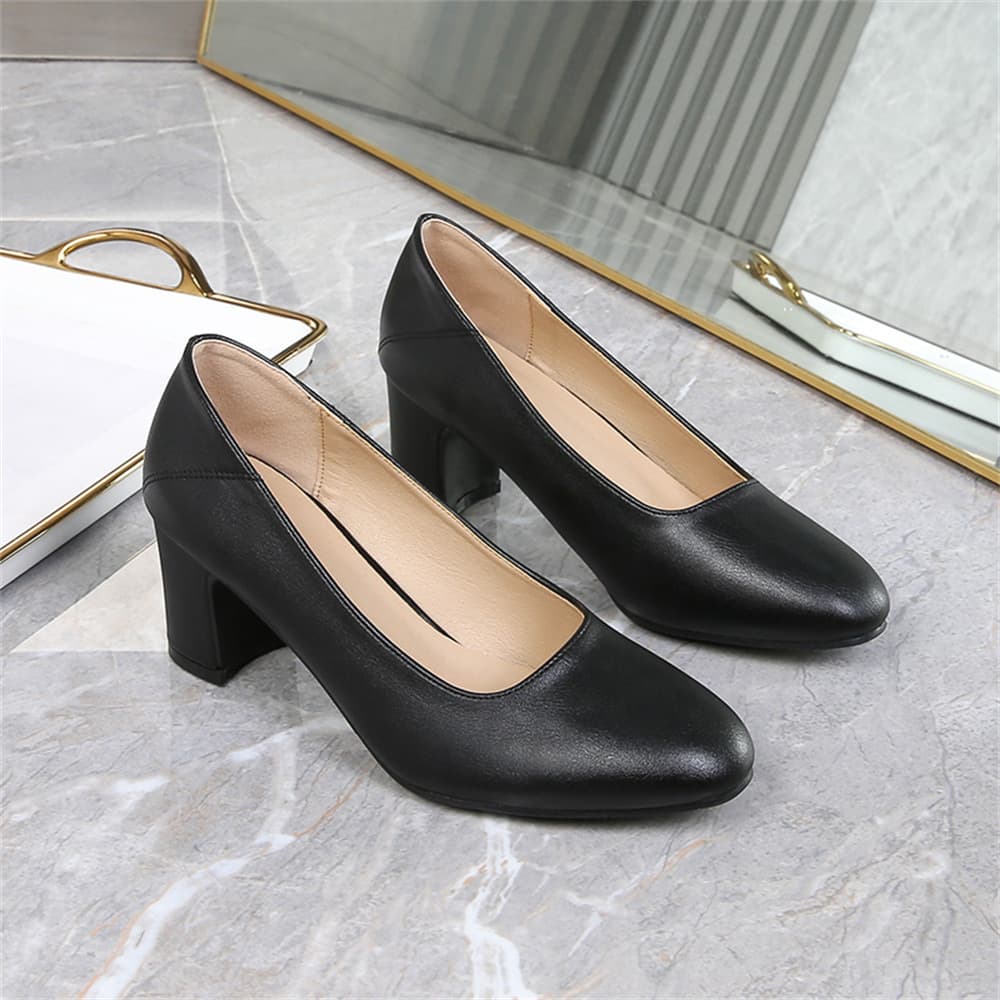 Cross-border Large Size Women's Shoes Black Work Shoes Shallow Mouth Soft Leather Low Heel Chunky Heel Interview Single Shoes Mid Heel High Heel Leather Shoes Flight Attendant