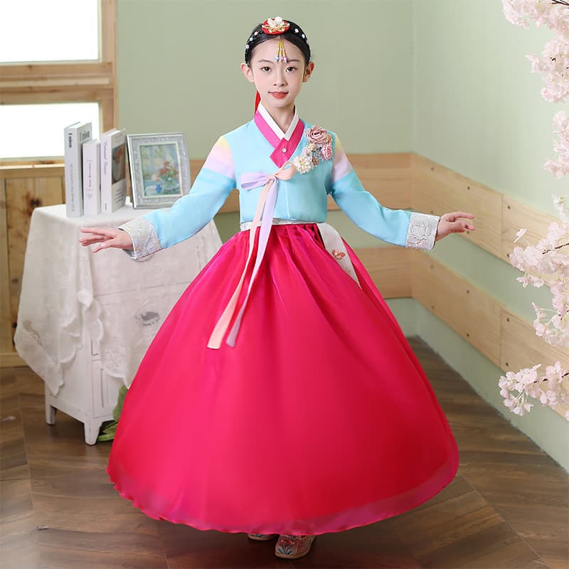 Princess Style Korean Traditional Costume Children's Festival Performance Outfit Soft Polyester Fiber Floral Patterned