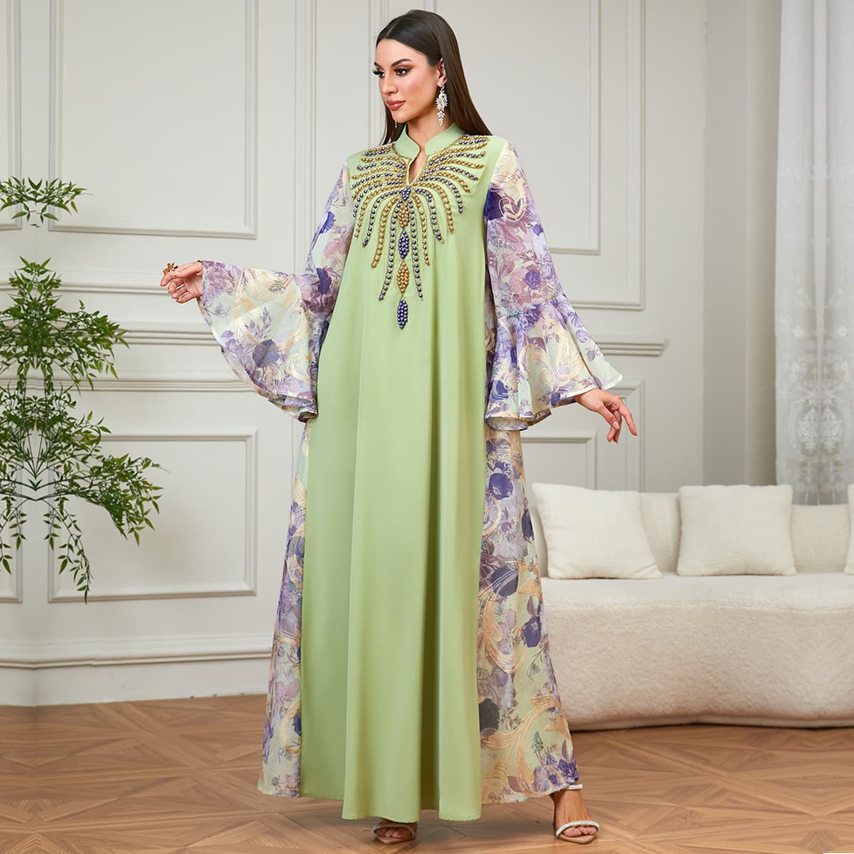 New Cross-Border Fashion Women's Dress with Beaded Embroidery V-Neck Flared Sleeve Abaya European and American Long Robe Dress