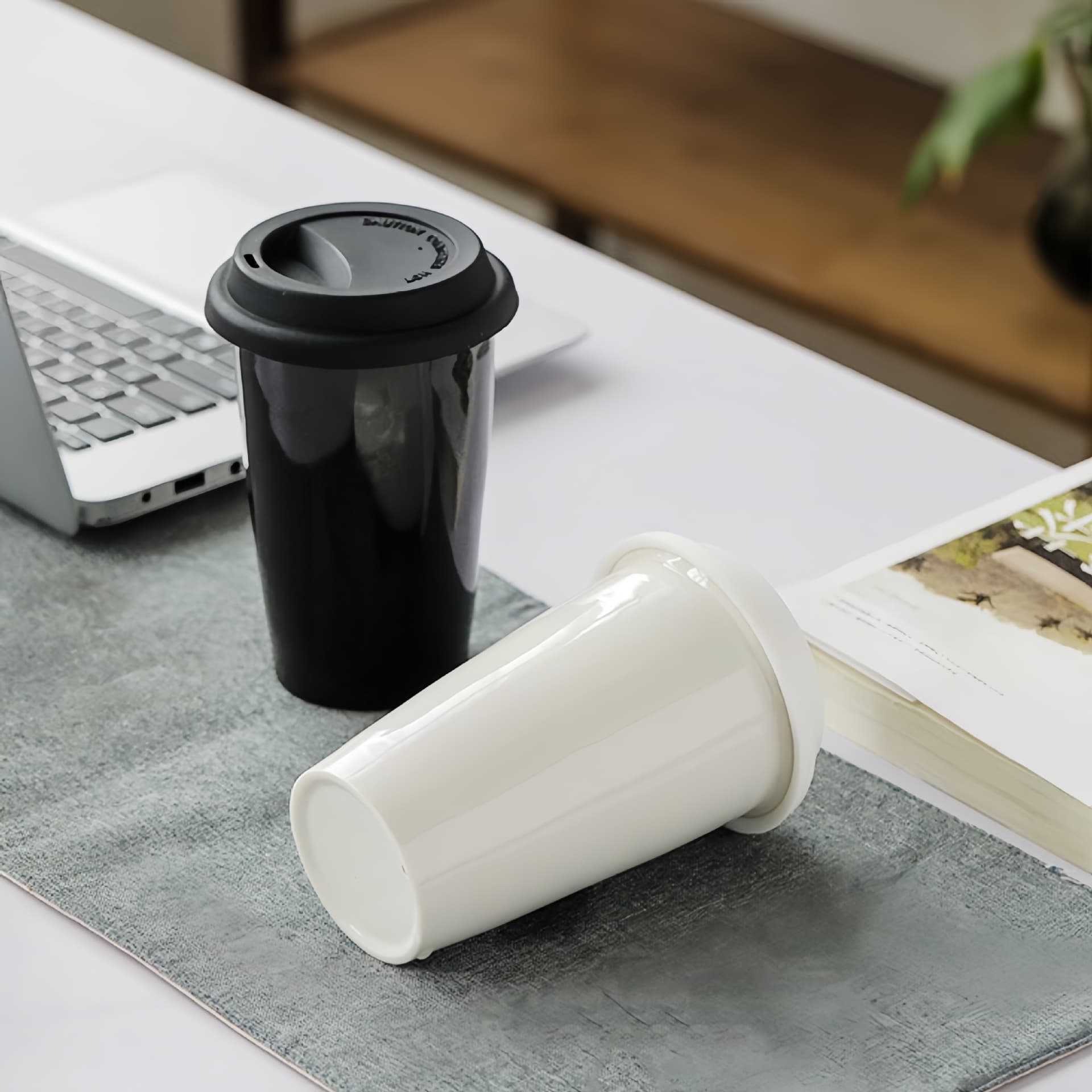 Creative Minimalist Insulated Double-Layer Ceramic Mug, Handleless Coffee Cup with Silicone Lid, Customizable with LOGO