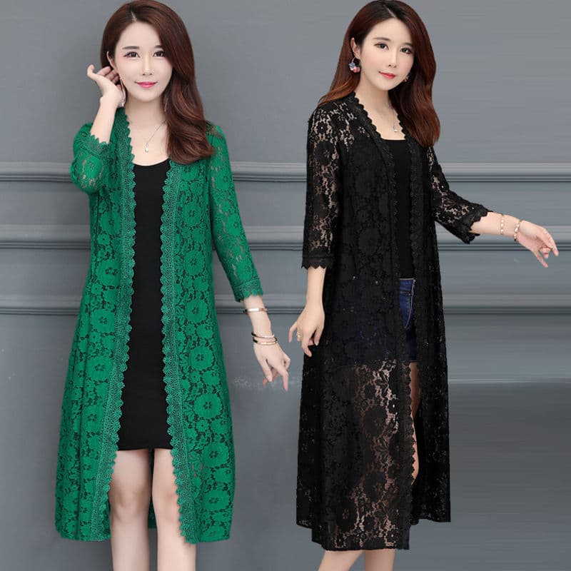 Yes/No Lace cardigan long summer mesh shawl with loose knee-high sun protection jacket for women