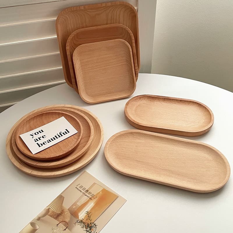Wooden Tray Round Wood Tray Japanese Style Oval Beech Wood Small Wooden Plate Milk Snack Plate Photo Prop