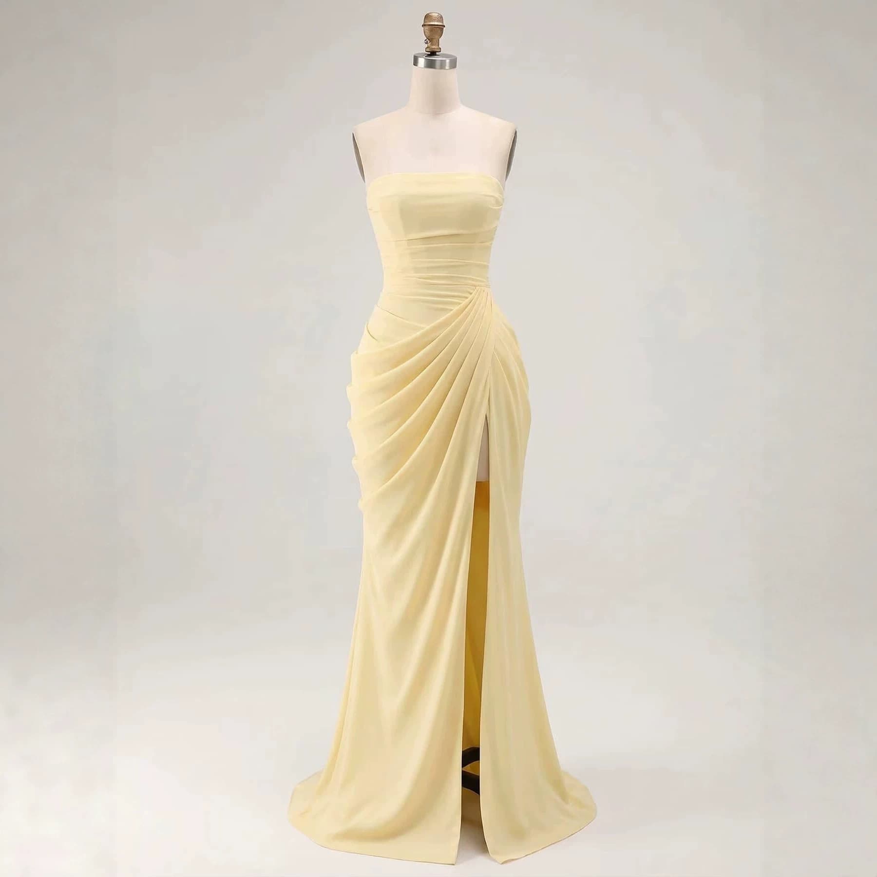 2026 New Strapless Evening Gown Women Long Pleated Slit Sexy Banquet Dress European American Style Cross-border Fashion