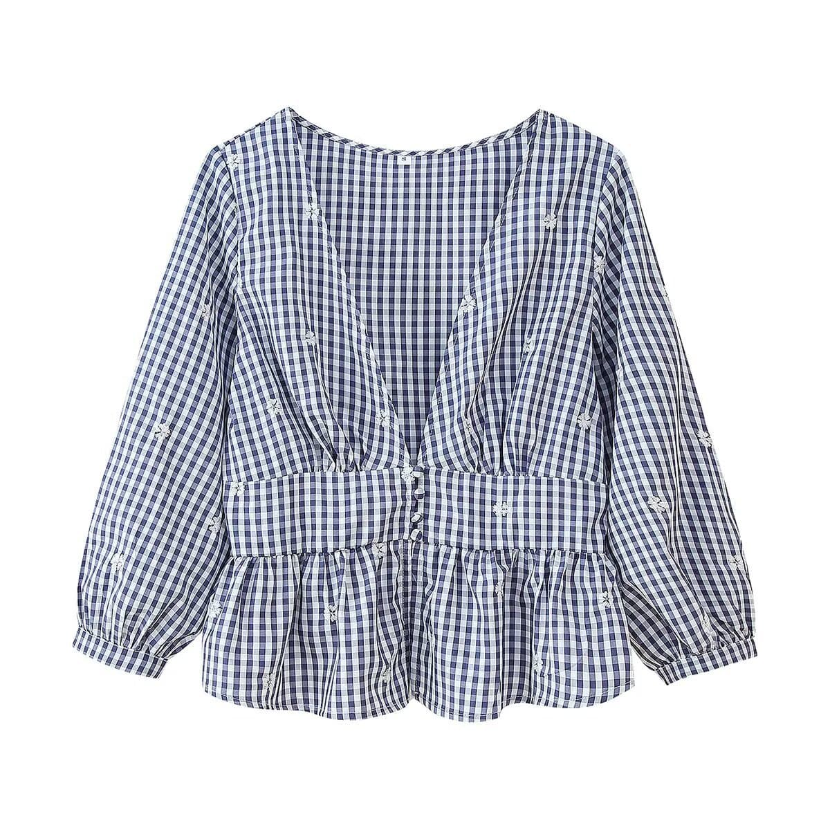 UC&ZA Cross-border AliExpress Women's European and American Style V-neck Embroidered Small Plaid Ruffle Three-quarter Sleeve Top 3564052