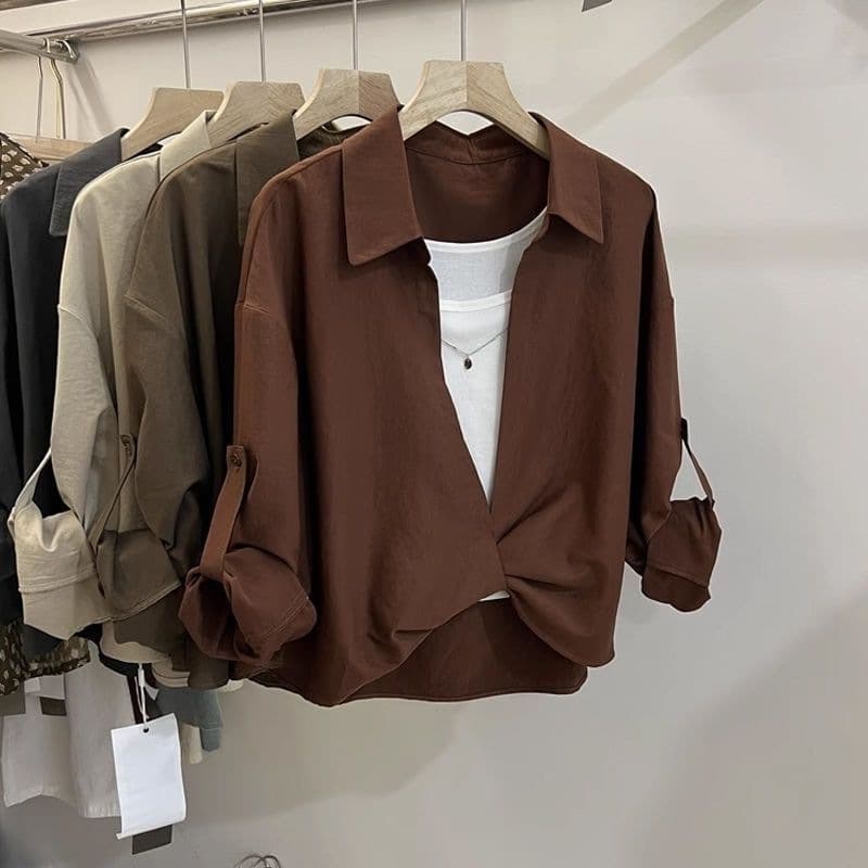 Korean Style Fashion Long Sleeve Blouse for Women Fall New Casual Simple Vest Matching Design Shirt Two-Piece Set