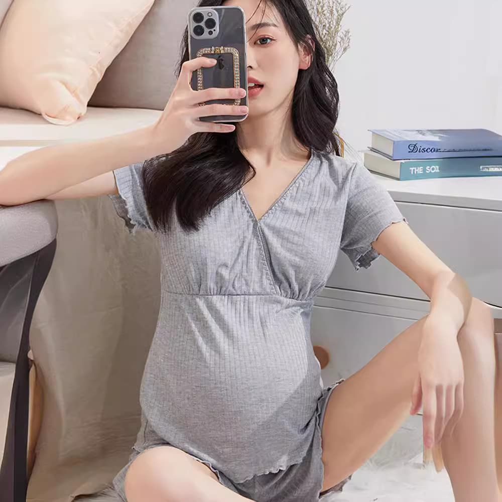Maternity Nursing Short Sleeve Top and Shorts Set, Summer Thin Postpartum Homewear Two-Piece Breastfeeding Clothes
