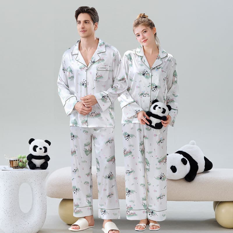 Premium Ice Silk Couple Pajamas Set for Valentine's Day Anniversary Gift - One Male One Female Matching Loungewear