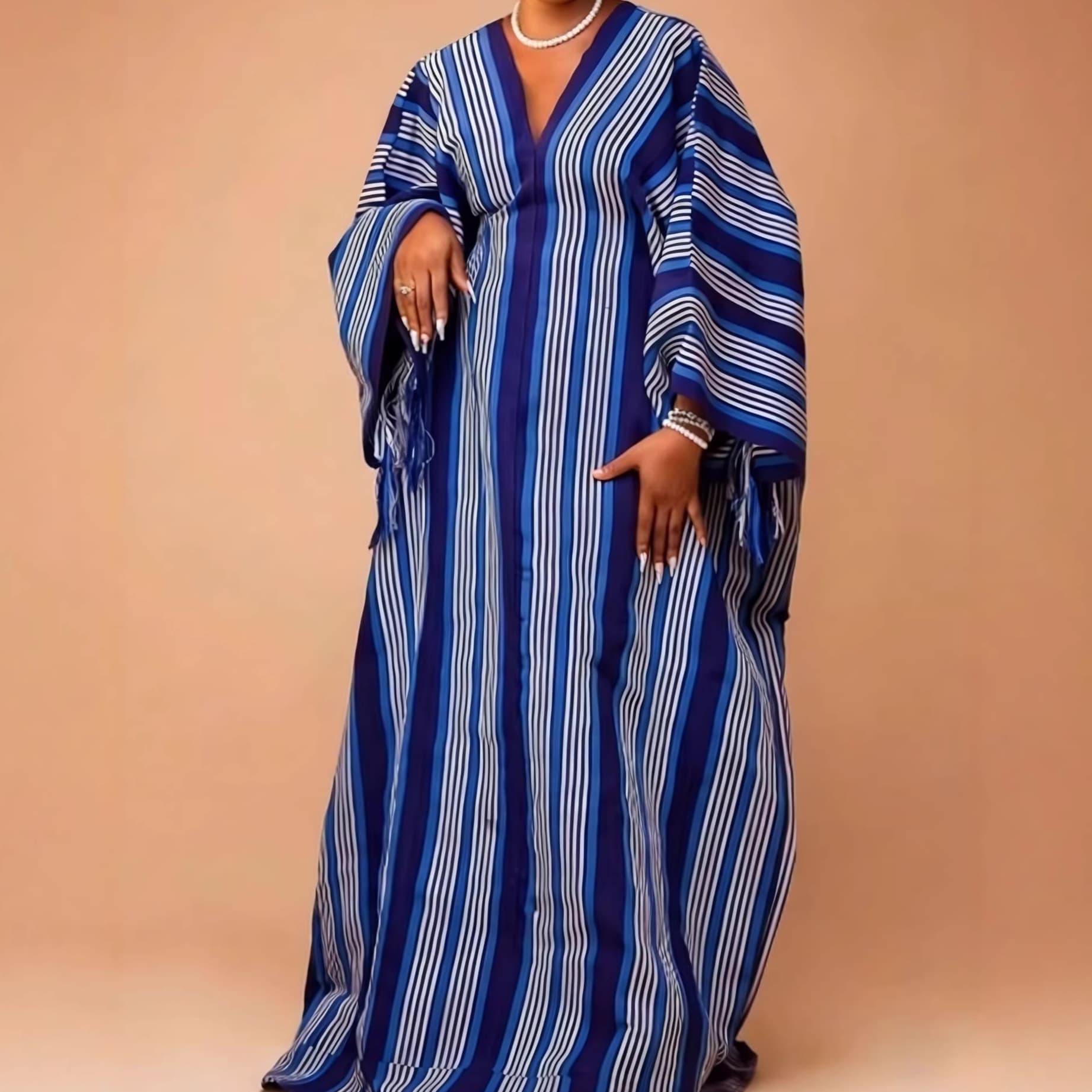 African Ethnic Striped Dress Loose Sleeve V-Neck Drawstring Contrast Satin BUBU Long Robe Dress