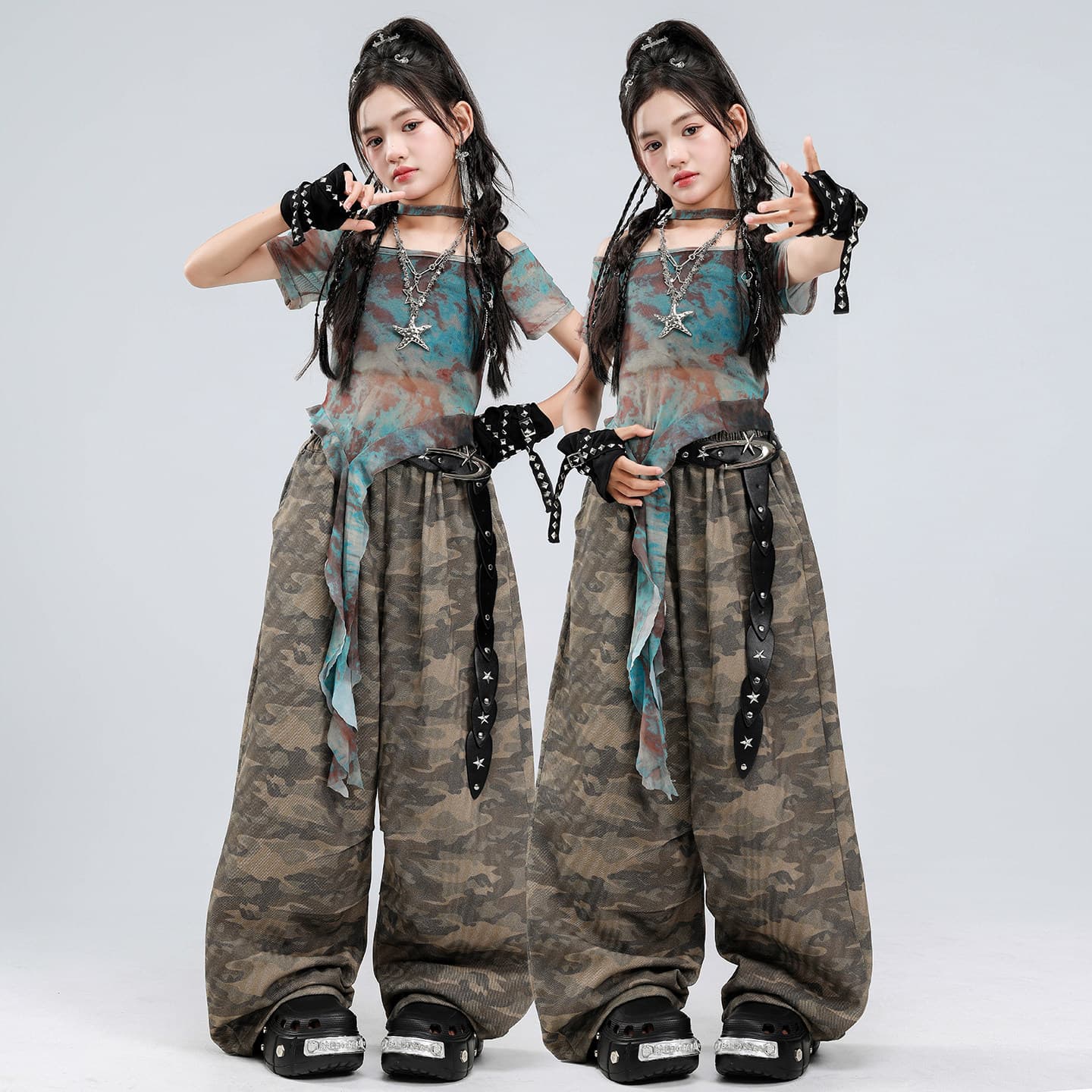 Kids Jazz Dance Costume Cool Girl Army Green Camouflage Dance Suit Set Jazz Street Dance Performance Outfit for Girls