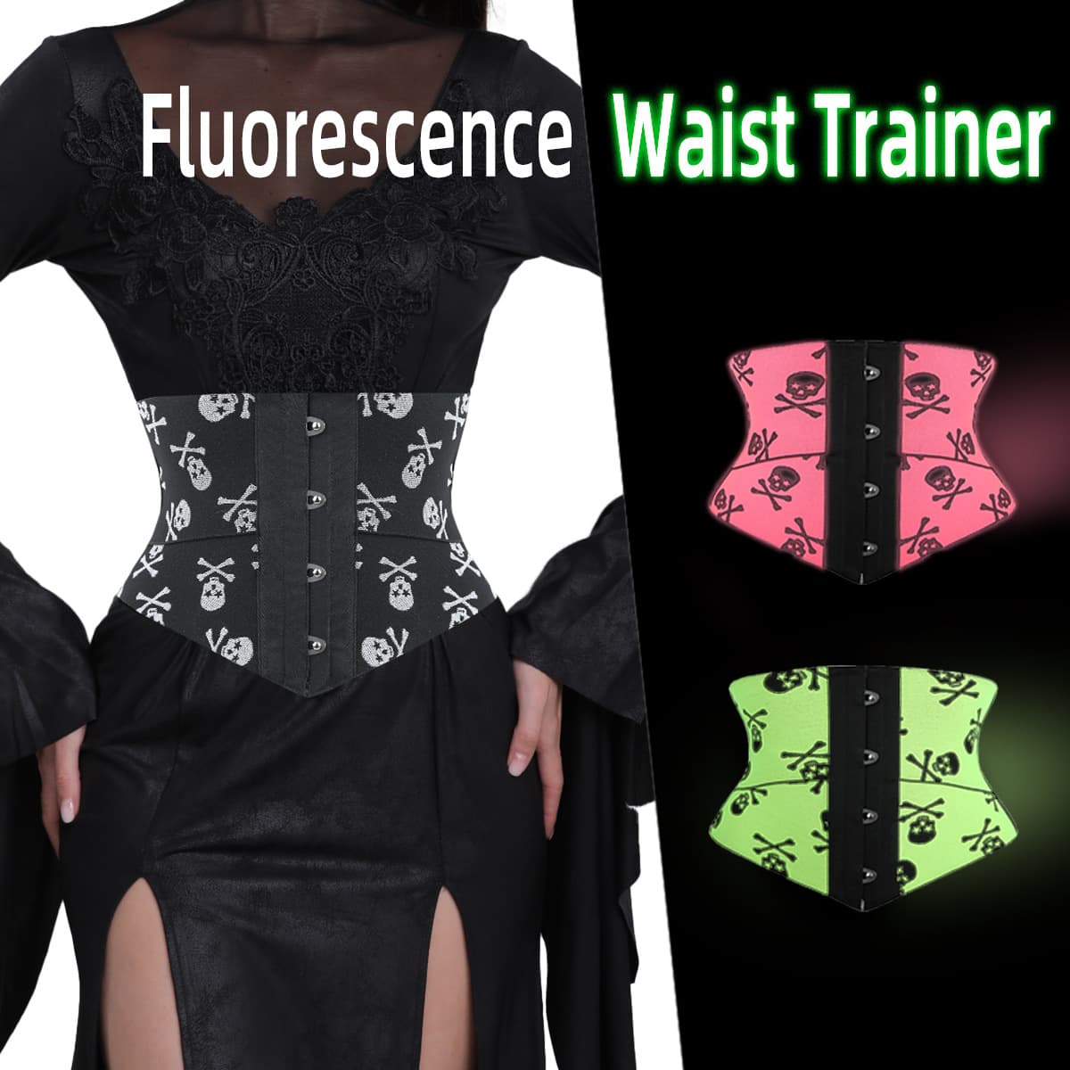 Glow-in-the-Dark Skull Gothic Waist Trainer Corset Belt for Outer Wear, Waist Cincher, Tummy Control Belt