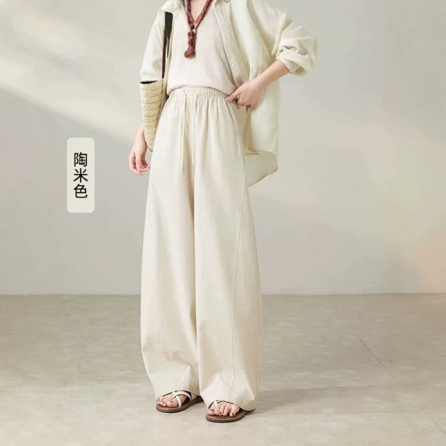 Linen Curved Leg Pants Women Summer New Lightweight Casual Wide Leg Pants Loose Straight Pants High Waist Slimming Floor-Length Pants