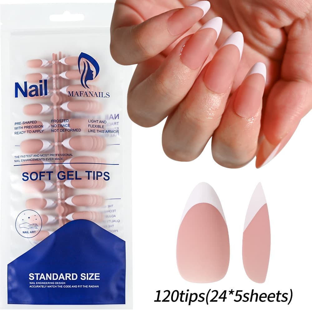 Cross-border 120-piece Pink Almond Press-on Nails French Long Pointed Nail Tips Premium Detachable Bagged Manicure Nail Tips