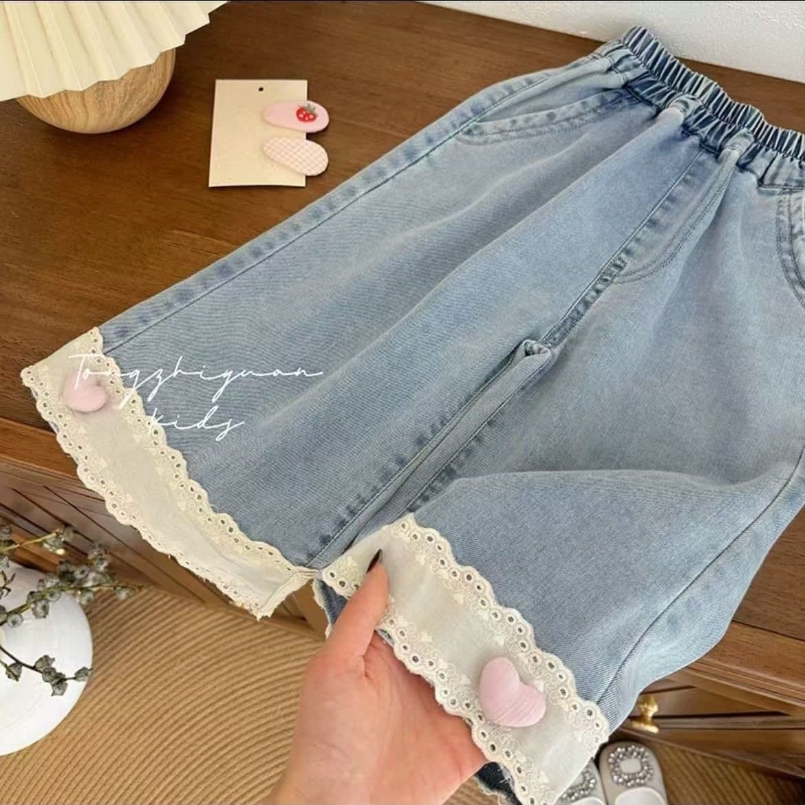 Girls Jeans Summer Thin 2026 Children New Heart Seven-tenths Pants Fashionable Lace Baby Loose Pants