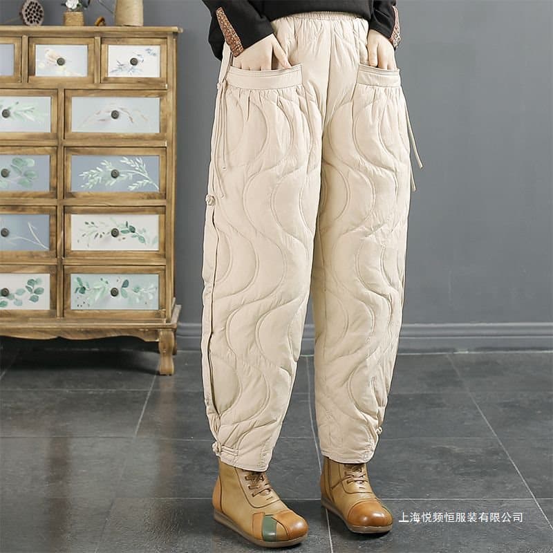 Winter Down Cotton Pants Women Retro Frog Button Fashion Lines Solid Color Loose Outdoor Warm Padded Mother Pants