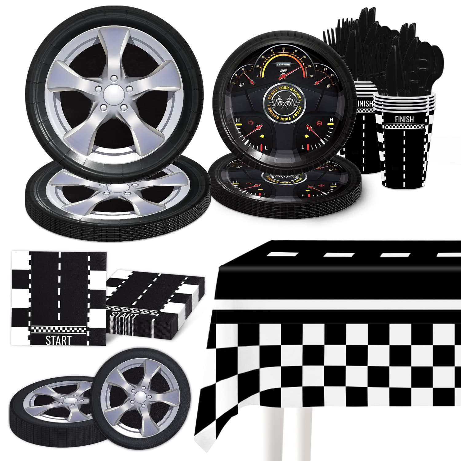 Tire black and white simple birthday holiday party decoration disposable tableware set paper plate paper cup paper towel tablecloth